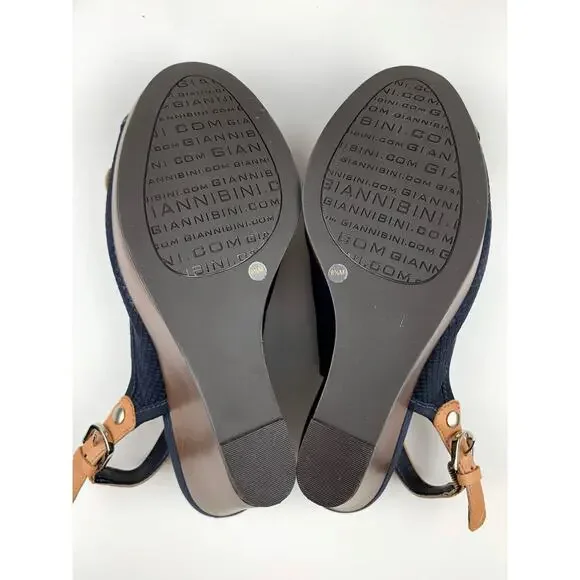Gianni Bini Platform Wedge Heel Sandals Blue Tan Peep Toe Slingback Women's 8.5 - Picture 10 of 10